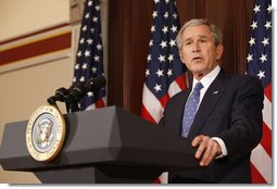 President George W. Bush delivers remarks on Conservation and the Environment Tuesday, Jan. 6, 2009, at the Dwight D. Eisenhower Executive Office Building in Washington, D.C. Said the President, "We have pioneered a new model of cooperative conservation in which government and private citizens and environmental advocates work together to achieve common goals. And while there's a lot more work to be done, we have done our part to leave behind a cleaner and healthier and better world for those who follow us on this Earth." White House photo by Chris Greenberg