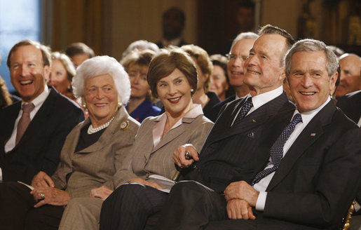 President George W. Bush and Mrs. Laura Bush are joined by his parents, former President George H. W. Bush and Mrs. Barbara Bush, during a reception in the East Room at the White House Wednesday, Jan. 7, 2009, in honor of the Points of Light Institute. President Bush's brother Neil is seen at far-left. White House photo by Eric Draper