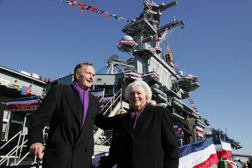 Former President George H. W. Bush and Mrs. Barbara Bush prepare to leave the USS George H. W. Bush (CVN 77) aircraft carrier Saturday, Jan 10, 2009 in Norfolk, Va., following the commissioning ceremony for the ship named in his honor. White House photo by Joyce N. Boghosian