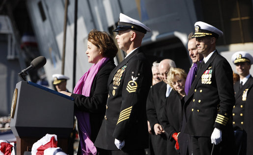 Mrs. Doro Bush Koch addresses her remarks and "brings the ship to life," prompting sailors to come aboard, during the commissioning ceremony of the USS George H. W. Bush (CVN 77) aircraft carrier Saturday, Jan 10, 2009 in Norfolk, Va., named in honor of her father, former President George H. W. Bush. White House photo by Eric Draper