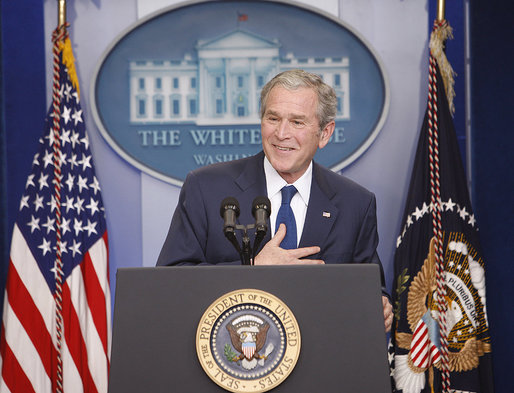 President George W. Bush responds to questions Monday, Jan. 12, 2009, during his final press conference in the James S. Brady Press Briefing Room of the White House. White House photo by Chris Greenberg