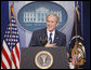 President George W. Bush responds to questions Monday, Jan. 12, 2009, during his final press conference in the James S. Brady Press Briefing Room of the White House. White House photo by Chris Greenberg