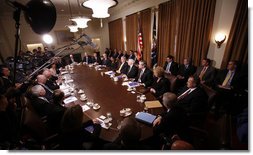 President George W. Bush speaks to reporters during the last meeting with members of his Cabinet Tuesday, Jan. 13, 2009, in the Cabinet Room of the White House, where President Bush thanked members of the Cabinet for their service and for helping with the President-Elect Obama transition.  White House photo by Eric Draper