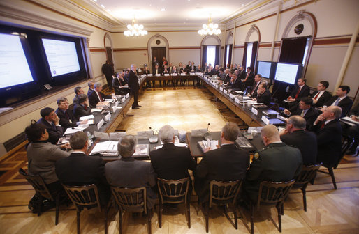 White House chief of staff Josh Bolten welcomes senior officials from the Bush Administration and the incoming Obama Administration to the principal level homeland exercise on Tuesday, Jan. 13, 2009, at the Eisenhower Executive Office Building in Washington, D.C. The exercise provided an opportunity for officials to discuss incident management practices and continuity of government procedures. White House photo by Eric Draper