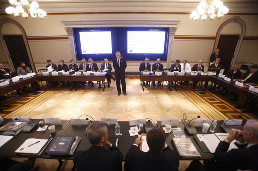 White House chief of staff Josh Bolten welcomes senior officials from the Bush Administration and the incoming Obama Administration to the principal level homeland exercise on Tuesday, Jan. 13, 2009, at the Eisenhower Executive Office Building in Washington, D.C. The exercise provided an opportunity for officials to discuss incident management practices and continuity of government procedures. White House photo by Eric Draper