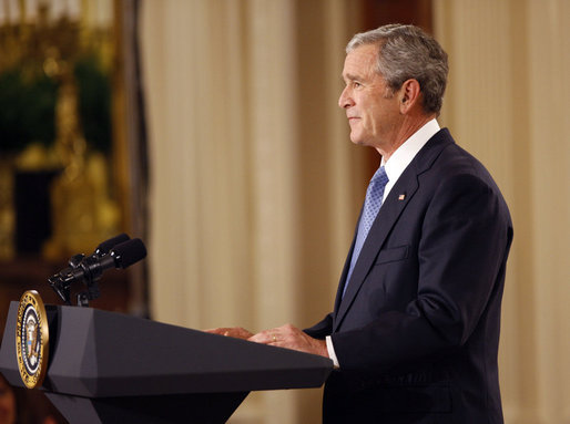 President George W. Bush delivers his farewell address to the nation Thursday evening, Jan. 15, 2009, from the East Room of the White House. President Bush stated in his remarks, "We have faced danger and trial, and there's more ahead. But with the courage of our people and confidence in our ideals, this great nation will never tire, never falter, and never fail." White House photo by Eric Draper