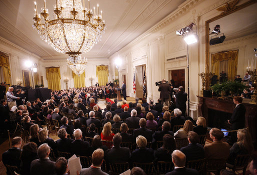 President George W. Bush delivers his farewell address to the nation Thursday evening, Jan. 15, 2009, from the East Room of the White House. President Bush stated in his remarks, "It has been the privilege of a lifetime to serve as your President. There have been good days and tough days. But every day I have been inspired by the greatness of our country, and uplifted by the goodness of our people." White House photo by Eric Draper