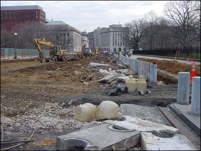 East view across Pennsylvania Avenue with street light globes in foreground