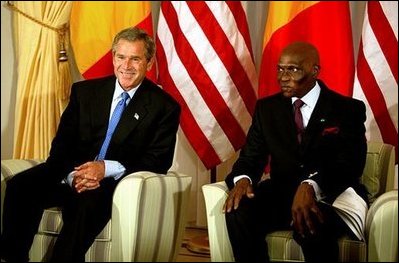 President George W. Bush meets with President Abdoulaye Wade of Senegal at the Presidential Palace in Dakar, Senegal, Tuesday morning, July 8, 2003. 