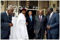 President George W. Bush departs a meeting with leaders of Western African democracies at the Presidential Palace in Dakar, Senegal, Tuesday morning, July 8, 2003. Leaders present in the meeting were from Benin, Cape Verde, Gambia, Ghana, Mali, Niger, Senegal and Sierra Leone. 