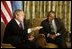 President George W. Bush begins participation in meeting with the President Festus Magae of Botswana in Gaborone, Botswana, Thursday, July 10, 2003. “We're thrilled to be here. You have been a very strong leader,” said President Bush during their joint press conference. “First, I want to commend you for your leadership. I appreciate your commitment to democracy and freedom, to rule of law and transparency. I want to congratulate you for serving your country so very well.” 