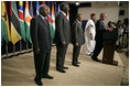 Standing with the Presidents of Botswana, Ghana, Namibia, Mozambique and Niger, President Bush discussed the African Growth and Opportunity Act, AGOA, in the Dwight D. Eisenhower Executive Office Building Monday, June 13, 2005. "All of us share a fundamental commitment to advancing democracy and opportunity on the continent of Africa," said the President. "And all of us believe that one of the most effective ways to advance democracy and deliver hope to the people of Africa is through mutually beneficial trade." 