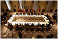 President George W. Bush meets with Central African leaders at the Waldorf-Astoria Hotel in New York City Sept. 13, 2002. At the 57th United Nations General Assembly in New York, President Bush met with 10 Central African Heads of State to discuss how to strengthen the sub-regional capacity of the Economic Community of Central African States (CEEAC), the Monetary and Economic Community of Central Africa (CEMAC) and the Council for Peace and Security in Central Africa to prevent and resolve conflict, reduce human suffering and promote regional economic integration.