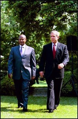 President Bush meets with President Yoweri Kaguta Museveni of Uganda at the White House Tuesday, June 10, 2003. The Leaders renewed U.S. - Uganda cooperation on the global war on terrorism, regional stability and HIV/AIDS. The Ugandan HIV/AIDS approach serves as the model for the President.s Emergency HIV/AIDS plan for prevention. The U.S. is the largest bilateral donor of HIV/AIDS assistance, providing half of all international HIV/AIDS funding in 2002 in over 50 countries. The President signed the HIV/AIDS Bill into law May 27, 2003, launching an emergency effort that will provide $15 billion over the next five years to fight AIDS abroad. This is the largest, single commitment in history for an international public health initiative involving a specific disease. 