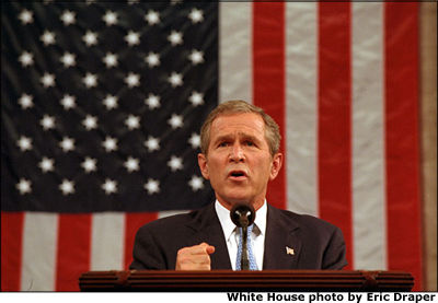 In a historic address to the nation and joint session of Congress Sept. 20, President Bush pledges to defend America's freedom against the fear of terrorism. White House by Eric Draper.