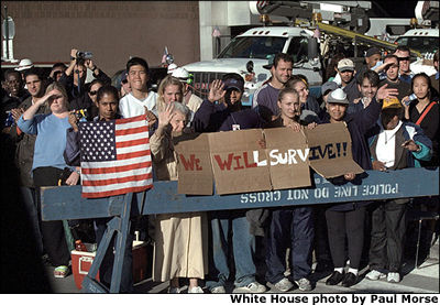 As President Bush visits the site of the terrorist attack on the World Trade Center, New Yorkers offer their own words of determination Sept. 14. White House photo by Paul Morse.