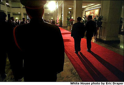 President George W. Bush and Chinese President Jiang Zemin enter a news conference at the Great Hall of the People in Beijing, Thursday, Feb. 21, 2002. 