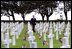 President Bush visits the American cemetery near Omaha Beach at Normandy, France, May 27. "All who come to a place like this feel the enormity of the loss. Yet, for so many, there is a marker that seems to sit alone -- they come looking for that one cross, that one Star of David, that one name," said the President in his remarks. "Behind every grave of a fallen soldier is a story of the grief that came to a wife, a mother, a child, a family, or a town."