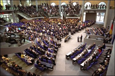 President Bush addresses a special session of the German lower house of the Bundestag in the Reichstags building in Berlin May 23. 