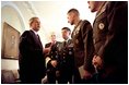 President George W. Bush meets with members of the Joint Chiefs of Staff in the Cabinet Room Oct. 24, 2001. Pictured, from left, are Admiral William J. Fallon, Vice Chairman for Naval Operations; General Eric Shinseki, Chief of Staff of the United States Army; General Peter Pace, Vice Chairman of the United States Marine Corps; and General Michael J. Williams, Assistant Commandant of the United States Marine Corps.