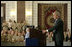 President George W. Bush speaks to U.S. troops and U.S. embassy personnel during an unannounced 5-hour trip to Baghdad, Iraq, Tuesday, June 13, 2006. "These are historic times," said the President. "The mission that you're accomplishing here in Iraq will go down in the history books as an incredibly important moment in the history of freedom and peace; an incredibly important moment of doing our duty to secure our homeland." White House photo by Eric Draper 