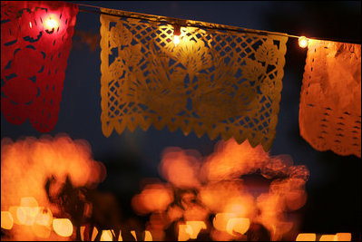 Decorations draped throughout the Rose Garden create a celebratory atmosphere for Cinco de Mayo Wednesday, May 4, 2005. “Mexican Americans have enriched the American experience with contributions to music and dancing and the arts,” said President Bush in his remarks. “Latino entrepreneurs are starting their own businesses all across America, and are creating jobs and trading in freedom with businesses across borders.”