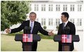 President George W. Bush and Danish Prime Minister Anders Fogh Rasmussen hold a joint press conference at his summer residence in Marienborg in Kongens Lyngby, Denmark, Wednesday, July 6, 2005.  "Over a million people die of malaria on the continent of Africa on an annual basis, most of whom are under five years old," said the President talking about some of the issue that will be discussed at the G8 Summit. "This is a problem we can solve. I laid out an initiative the other day for $1.2 billion to help eradicate the scourges of malaria on the continent of Africa."