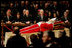 Pictured from left, President George W. Bush, Laura Bush, former President George H. W. Bush, former President Bill Clinton, Secretary of State Condoleezza Rice and White House Chief of Staff Andy Card pay their respects to Pope John Paul II as he lies in state in St. Peter's Basilica at the Vatican Wednesday, April 6, 2005.