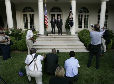 President George W. Bush and U.S. Supreme Court Justice nominee John G. Roberts, appear together Wednesday morning, July 20, 2005 for a joint statement to the media in the Rose Garden at the White House.