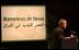 President George W. Bush discusses the future of Iraq at the Ford Community and Performing Arts Center in Dearborn, Mich., Monday, April 28, 2003. "I have confidence in the future of a free Iraq. The Iraqi people are fully capable of self-government," said the President. 