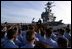 President George W. Bush addresses sailors and the nation from the flight deck of the USS Abraham Lincoln of the coast of San Diego, California May 1, 2003.