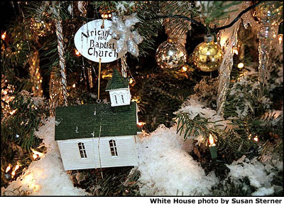 Keeping with the theme of Home for the Holidays, many ornaments on the tree are replicas of historic homes and places of worship from all 50 states and the District of Columbia. More than 180 artists contributed to the decorative effort. White House photo by Susan Sterner