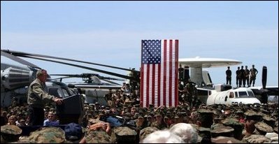 President George W. Bush makes remarks to military personnel and their families at Marine Air Corps Station Miramar near San Diego, CA on August 14, 2003.