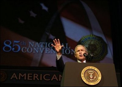 President George W. Bush addresses the 85th Annual American Legion Convention in St. Louis, Mo., Tuesday, Aug. 26, 2003. "In the 20th century, the American flag and the American uniform stood for something unique in history," President Bush said in his remarks. "America's armed forces humbled tyrants and raised up and befriended nations that once fought against us."