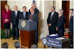 President Bush addresses the media during the signing of the Homeland Security Act of 2002 in the East Room Nov. 2, 2002. The largest reorganization of the federal government since World War II, the plan brings together 22 agencies, more than 170,000 federal employees, under one department.