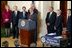 President Bush addresses the media during the signing of the Homeland Security Act of 2002 in the East Room Nov. 2, 2002. The largest reorganization of the federal government since World War II, the plan brings together 22 agencies, more than 170,000 federal employees, under one department.