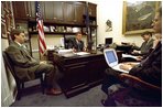 Tucked away in a small West Wing office, Governor Ridge holds an interview with reporters in his office Jan 9, 2003.