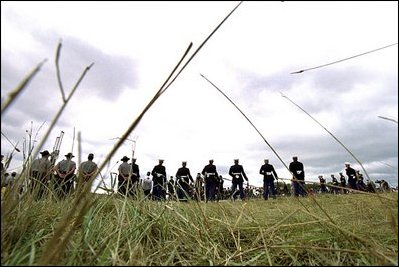 Marking the anniversary of those who fought against terrorists on Flight 93 during the Sept. 11 attacks, Governor Ridge travels to his home state for memorial services in Shanksville, Pa., Sept. 11, 2002.