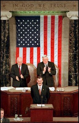 Covering such issues as migration, law enforcement, border affairs, trade,energy, and global and social issues, President Fox makes history as he addresses a joint session of Congress. Afterwards, the Mexican leader continued his talks in a private meeting with Vice President Cheney.