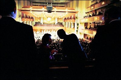 President Bush attends a performance by the Iraqi National Symphony Orchestra Performance at the Kennedy Center in Washington, D.C., Dec. 9, 2003. "It's very interesting that the Iraqi Symphony is made up of people who are Shia and Sunni and Armenian and Kurdish," said the President of the Iraqi orchestra. "They work for one thing, and that is a unified sound, a beautiful sound. And that's the country that is now emerging in Iraq, a country that will work together and recognize everybody's rights."