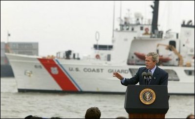 President George W. Bush discusses seaport and cargo security at the Port of Charleston, S.C., Feb. 5, 2004.