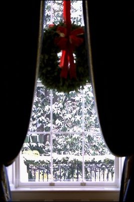 Visitors to the Blue Room are greeted with views of the soft white landscape during an early winter snowfall, Thursday, Dec. 5, 2002.