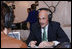 Michael Chertoff, Secretary of the Department of Homeland Security, participates in an interview with a radio journalist during the White House Radio Day Tuesday, Oct. 24, 2006.