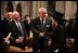 Former British Prime Minister Margaret Thatcher is greeted by former Canadian Prime Minister Brian Mulroney and Former Soviet President Mikhail Gorbachev before the funeral service for former President Ronald Reagan at the National Cathedral in Washington, DC on June 11, 2004. 