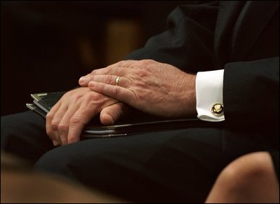 President George W. Bush waits for his chance to deliver his eulogy for former President Ronald Reagan at the National Cathedral in Washington, DC on June 11, 2004. 