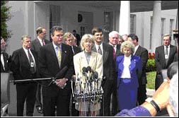 Secretary Norton speaks about new conservation partnerships at the White House. L-R: Florida Governor Jeb Bush, Secretary Norton, Secretary of Florida's Department of Environmental Protection David Struhs, Assistant Secretary of the Interior Steven Griles, and National Parks Director Fran Mainella