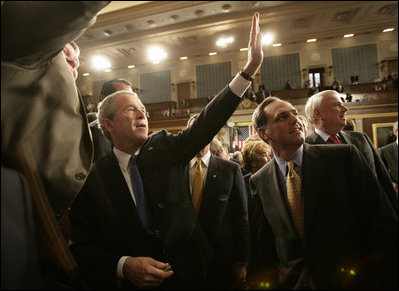 President George W. Bush waves to the audience Tuesday, Jan. 31, 2006, while leaving the U.S. House Chamber after delivering the 2006 State of the Union address.