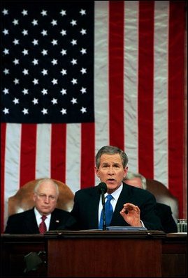 In his speech, President George W. Bush addresses domestic and international issues such as UN reports regarding Iraq at the U.S. Capitol Jan. 28, 2003. “The United Nations concluded in 1999 that Saddam Hussein had biological weapons sufficient to produce over 25,000 liters of anthrax -- enough doses to kill several million people,” said the President. “He hasn't accounted for that material. He's given no evidence that he has destroyed it.” 