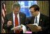 President Bush reviews the text with Director of Presidential Speechwriting Michael Gerson in the Oval Office, Jan. 23, 2003. 