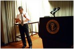 After days of revisions and rehearsals, President Bush reads through his State of the Union speech during a late afternoon practice session in the family theater of the White House Monday, Jan. 27, 2003.